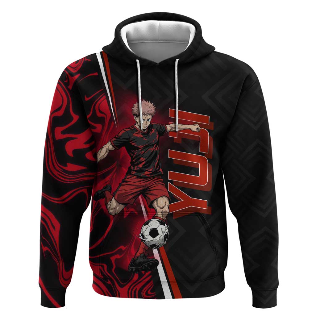 Personalized Yuji Itadori Jujutsu Kaisen Soccer Theme Zip Hoodie with Dynamic Kick Pose and Red Black Flame Graphic Design - The Mazicc