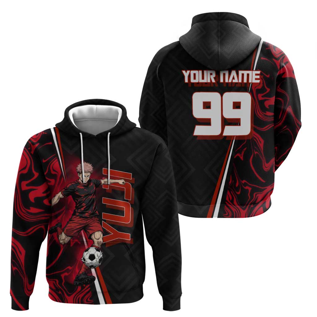 Personalized Yuji Itadori Jujutsu Kaisen Soccer Theme Zip Hoodie with Dynamic Kick Pose and Red Black Flame Graphic Design - The Mazicc