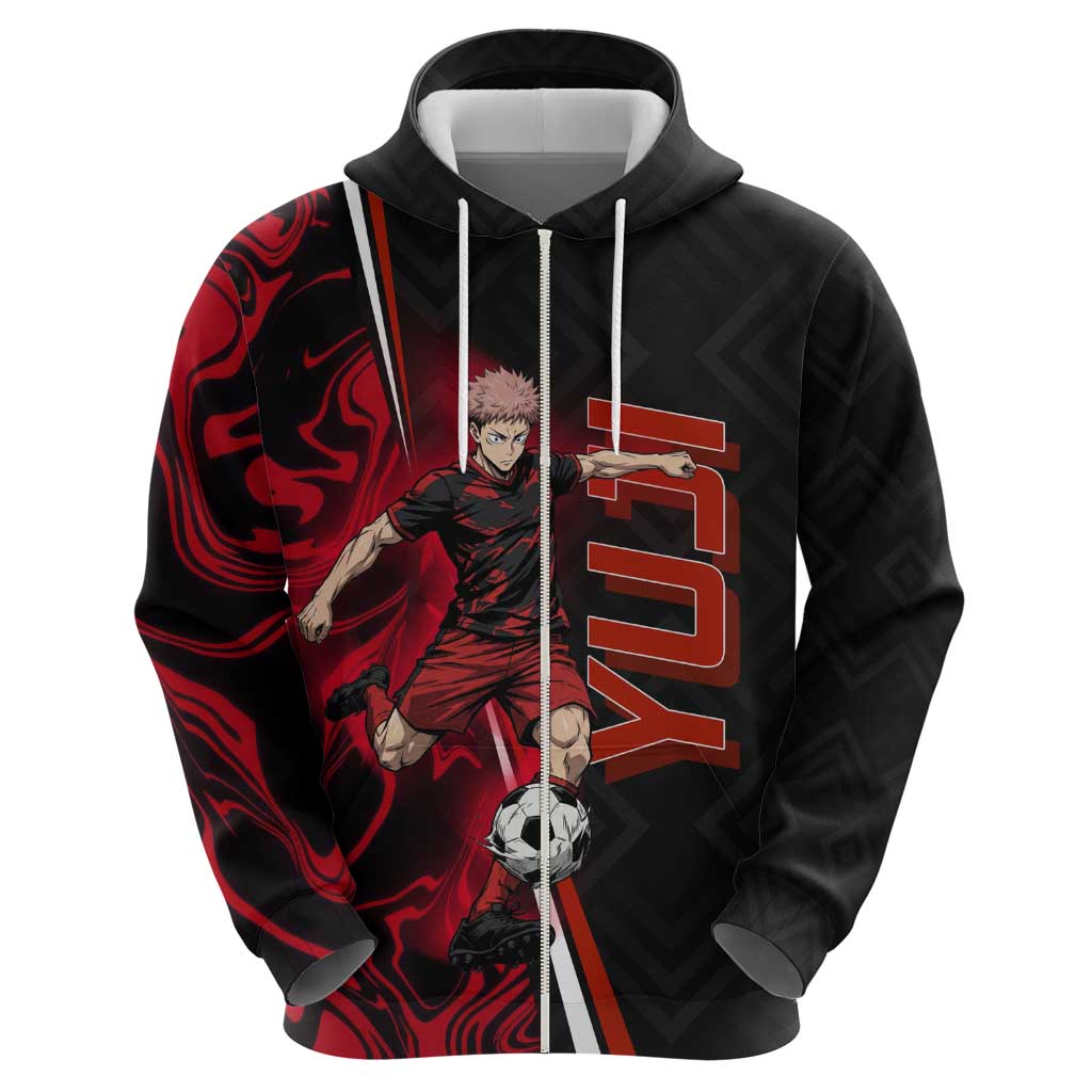 Personalized Yuji Itadori Jujutsu Kaisen Soccer Theme Zip Hoodie with Dynamic Kick Pose and Red Black Flame Graphic Design - The Mazicc