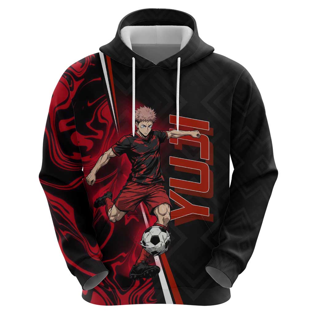 Personalized Yuji Itadori Jujutsu Kaisen Soccer Theme Zip Hoodie with Dynamic Kick Pose and Red Black Flame Graphic Design - The Mazicc