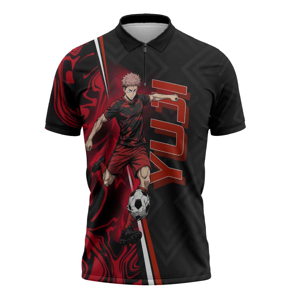 Personalized Yuji Itadori Jujutsu Kaisen Soccer Theme Zipper Polo Shirt with Dynamic Kick Pose and Red Black Flame Graphic Design - The Mazicc