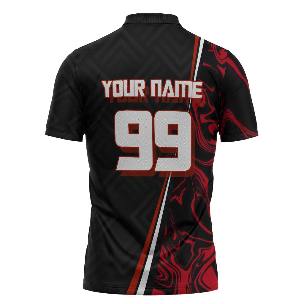 Personalized Yuji Itadori Jujutsu Kaisen Soccer Theme Zipper Polo Shirt with Dynamic Kick Pose and Red Black Flame Graphic Design - The Mazicc