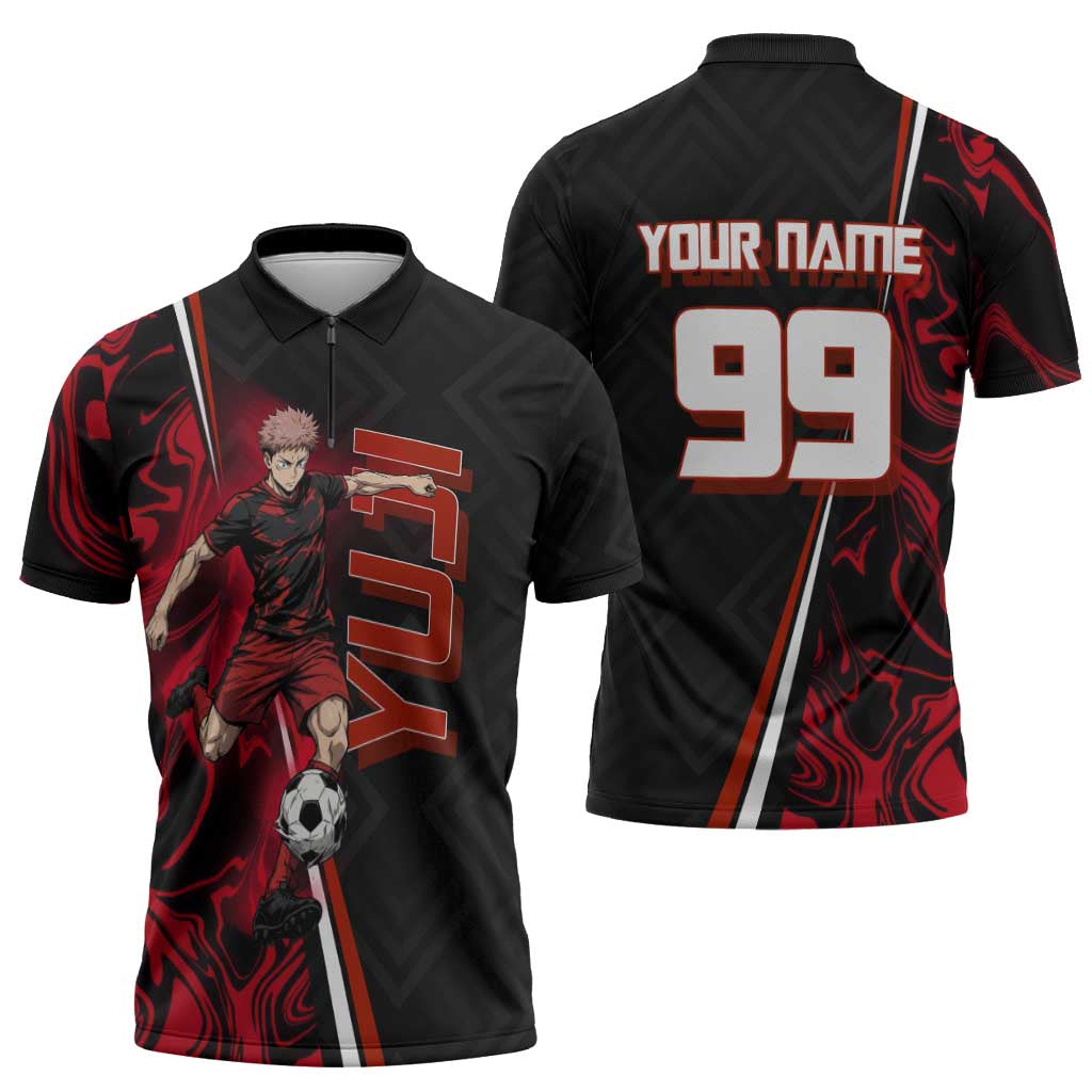 Personalized Yuji Itadori Jujutsu Kaisen Soccer Theme Zipper Polo Shirt with Dynamic Kick Pose and Red Black Flame Graphic Design - The Mazicc