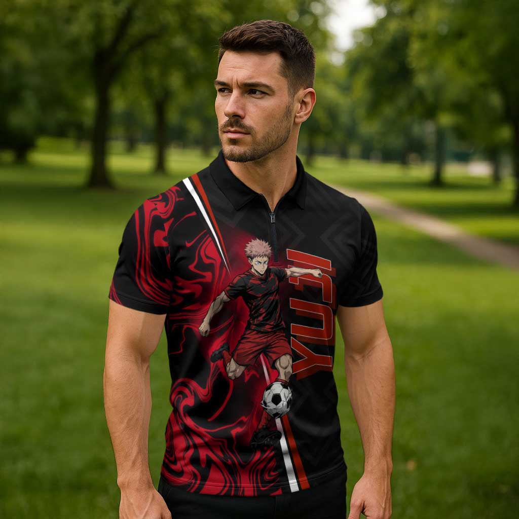 Personalized Yuji Itadori Jujutsu Kaisen Soccer Theme Zipper Polo Shirt with Dynamic Kick Pose and Red Black Flame Graphic Design - The Mazicc