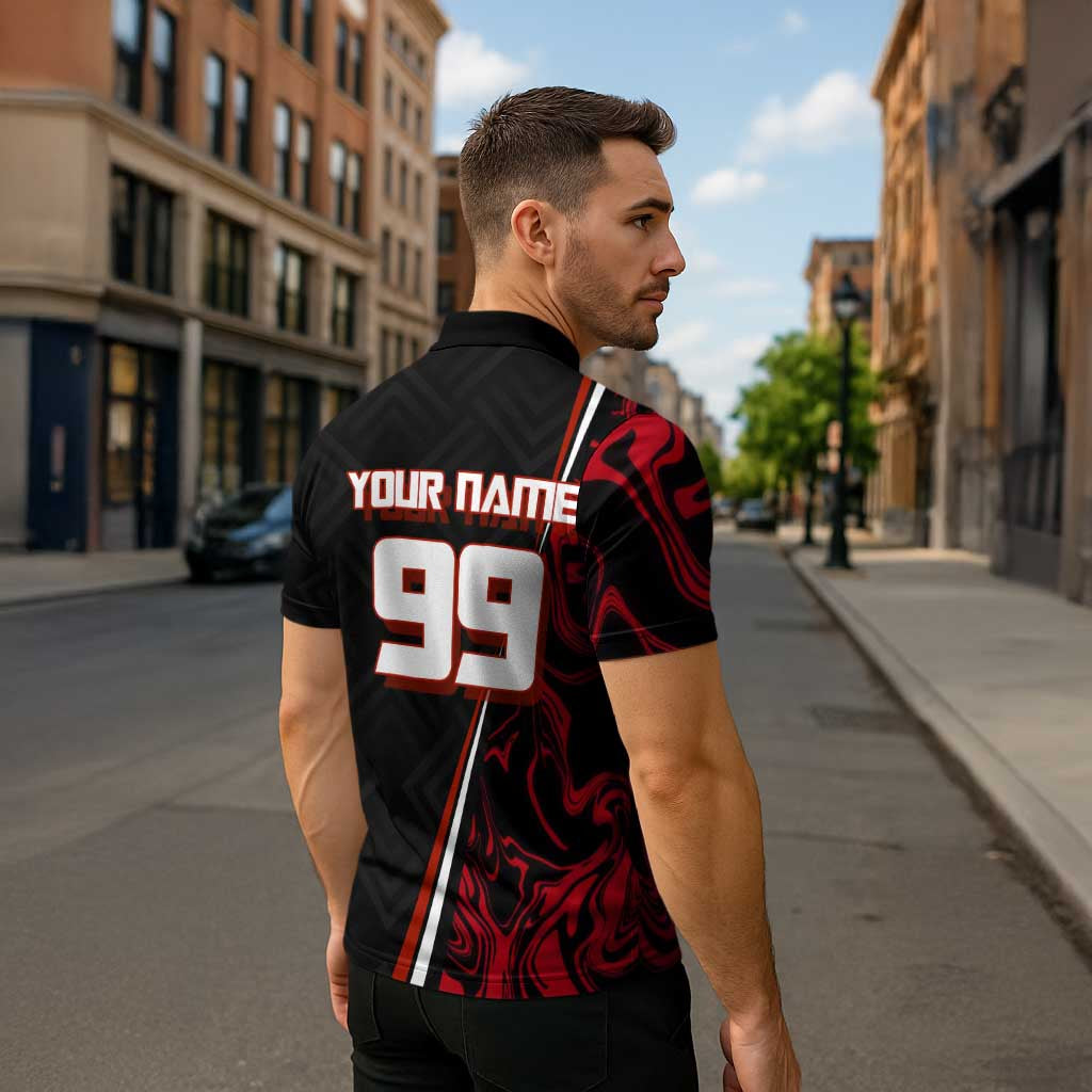 Personalized Yuji Itadori Jujutsu Kaisen Soccer Theme Zipper Polo Shirt with Dynamic Kick Pose and Red Black Flame Graphic Design - The Mazicc
