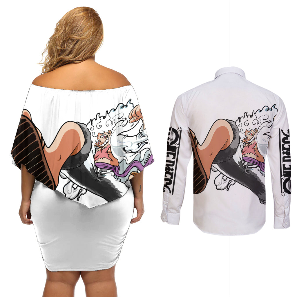 Luffy Gear 5 Nika Couples Matching Off Shoulder Short Dress and Long Sleeve Button Shirt