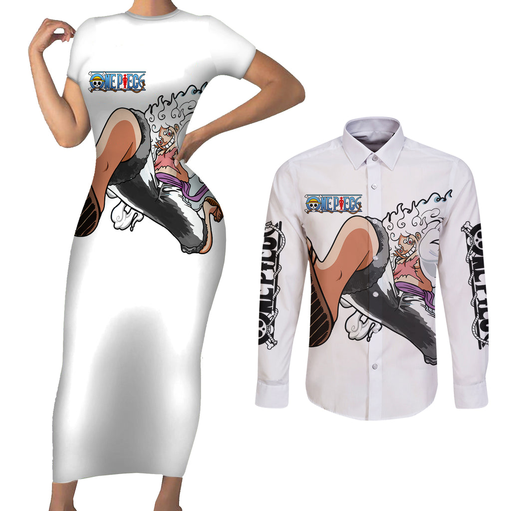 Luffy Gear 5 Nika Couples Matching Short Sleeve Bodycon Dress and Long Sleeve Button Shirt