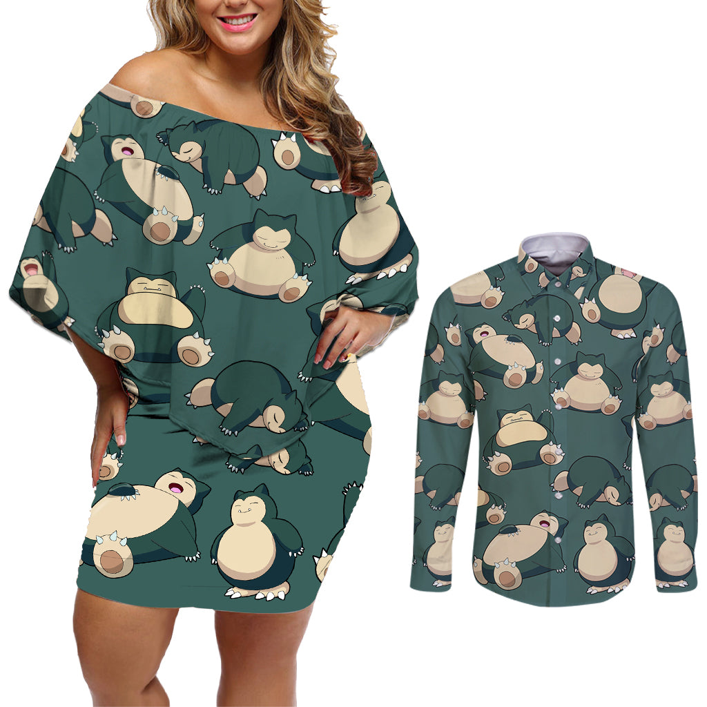 Snorlax Pattern Style Couples Matching Off Shoulder Short Dress and Long Sleeve Button Shirt