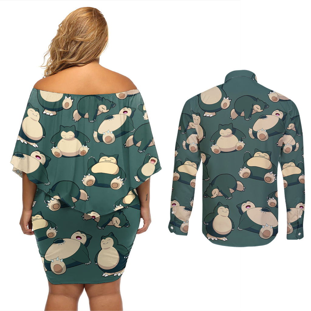 Snorlax Pattern Style Couples Matching Off Shoulder Short Dress and Long Sleeve Button Shirt