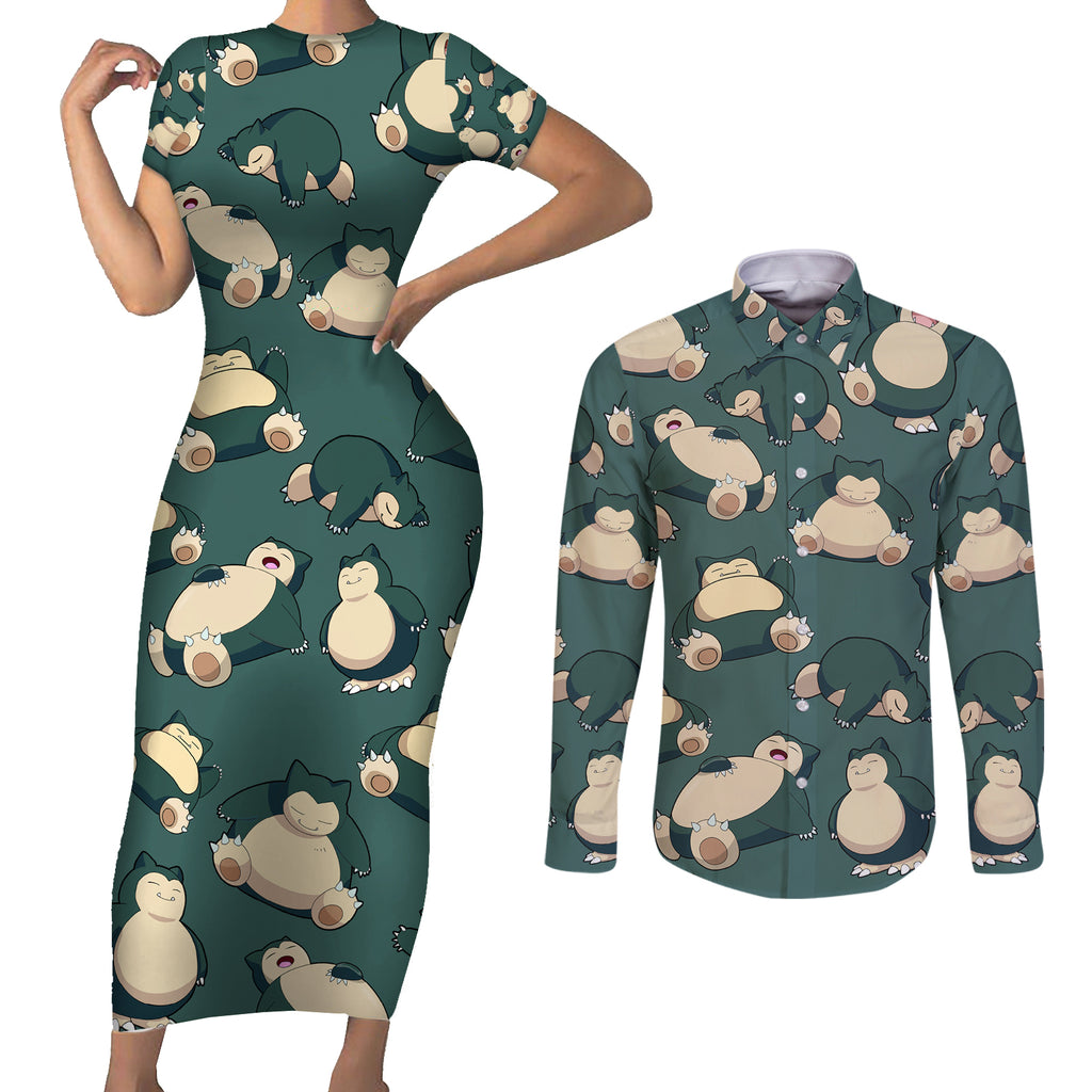 Snorlax Pattern Style Couples Matching Short Sleeve Bodycon Dress and Long Sleeve Button Shirt