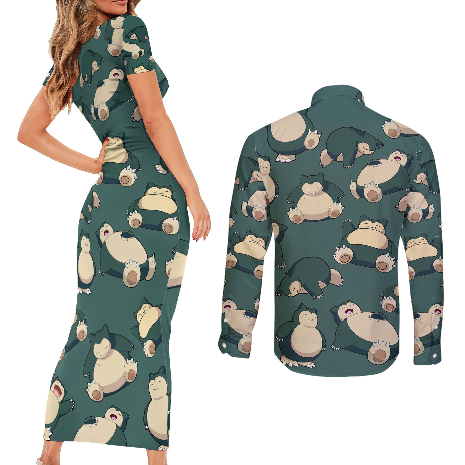 Snorlax Pattern Style Couples Matching Short Sleeve Bodycon Dress and Long Sleeve Button Shirt