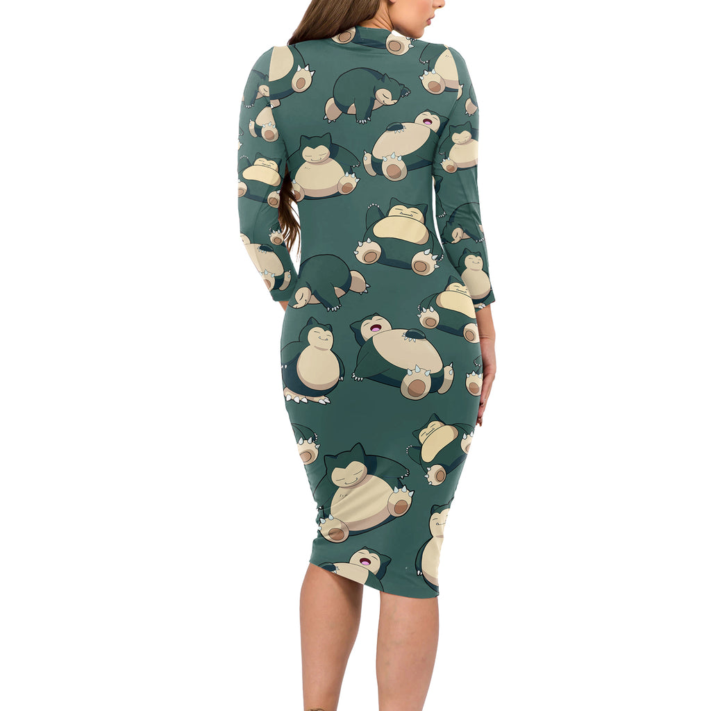 Snorlax Pattern Style Long Sleeve Bodycon Dress
