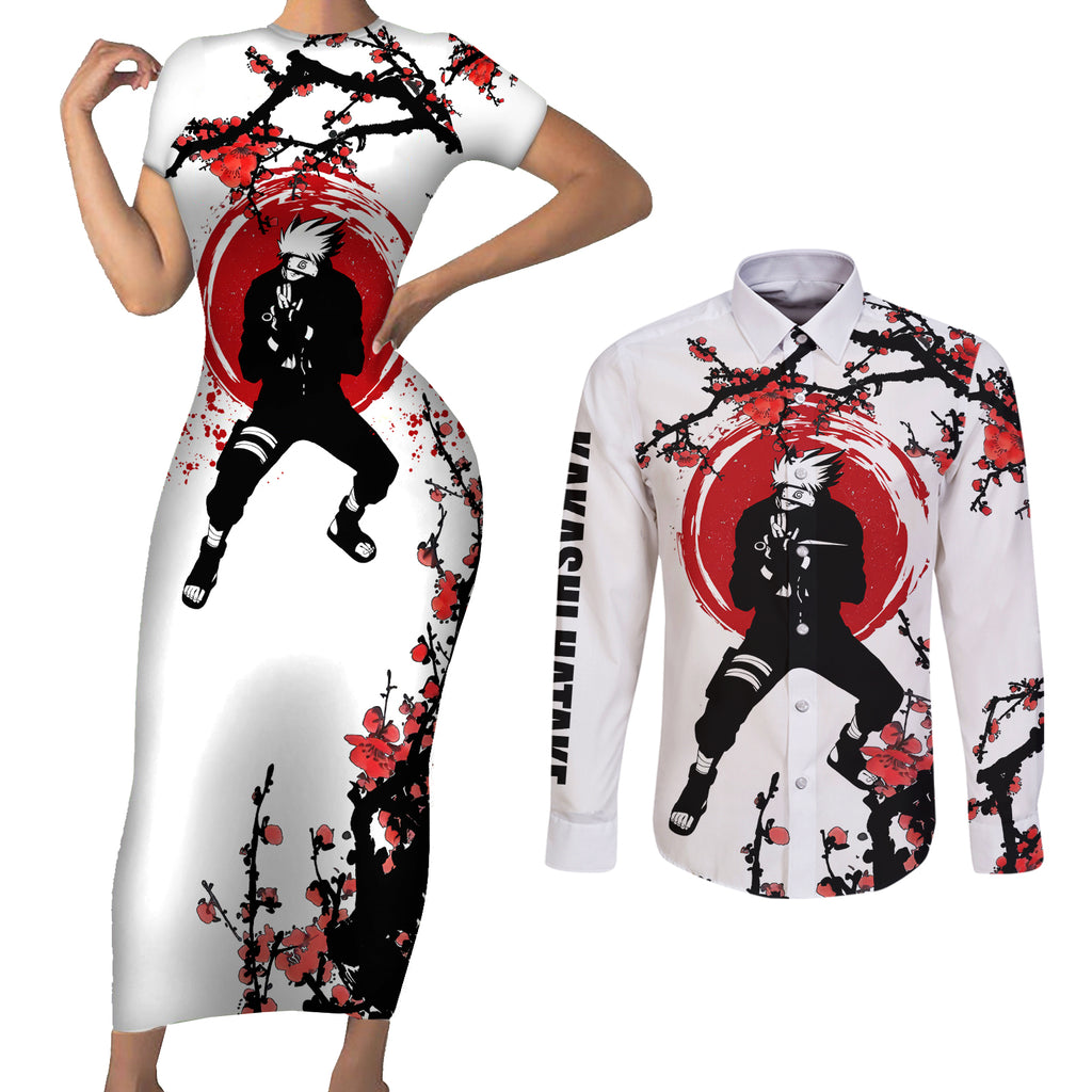 Hatake Kakashi Japan Style Couples Matching Short Sleeve Bodycon Dress and Long Sleeve Button Shirt