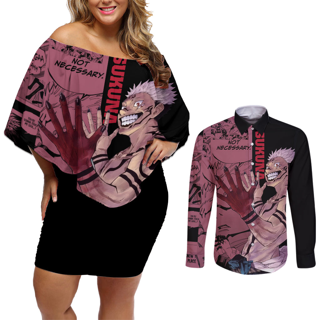 Ryoumen Sukuna Jujutsu Kaisen Manga Style Couples Matching Off Shoulder Short Dress and Long Sleeve Button Shirt