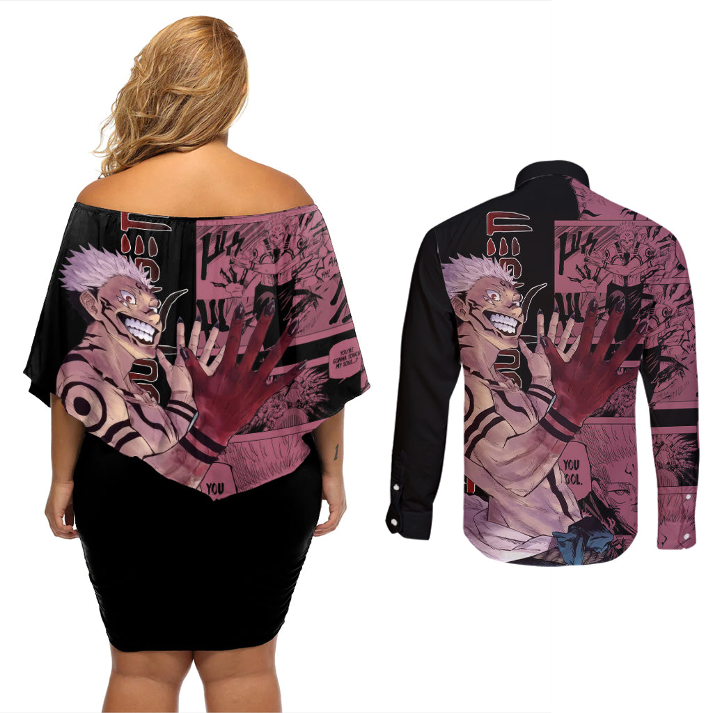 Ryoumen Sukuna Jujutsu Kaisen Manga Style Couples Matching Off Shoulder Short Dress and Long Sleeve Button Shirt