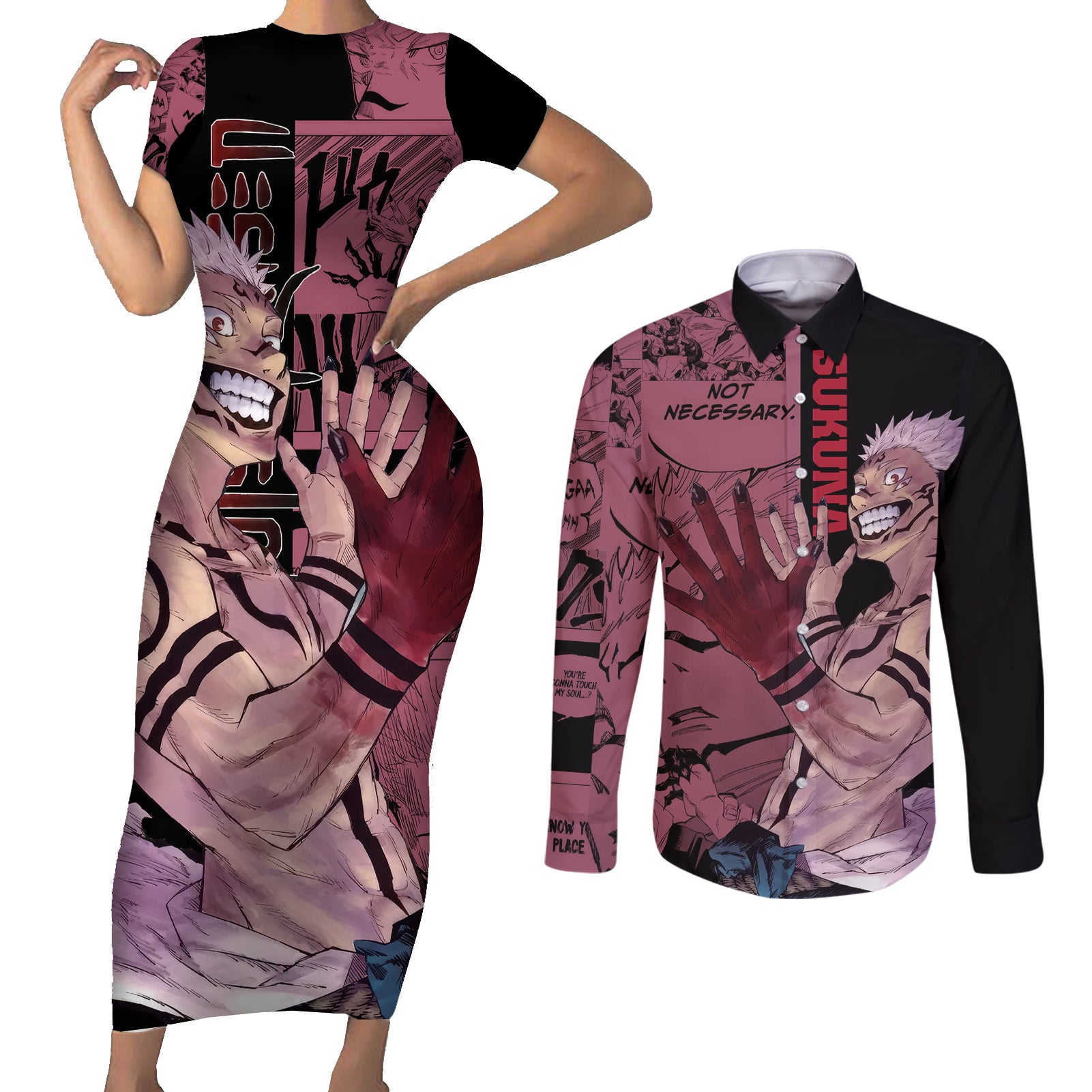 Ryoumen Sukuna Jujutsu Kaisen Manga Style Couples Matching Short Sleeve Bodycon Dress and Long Sleeve Button Shirt