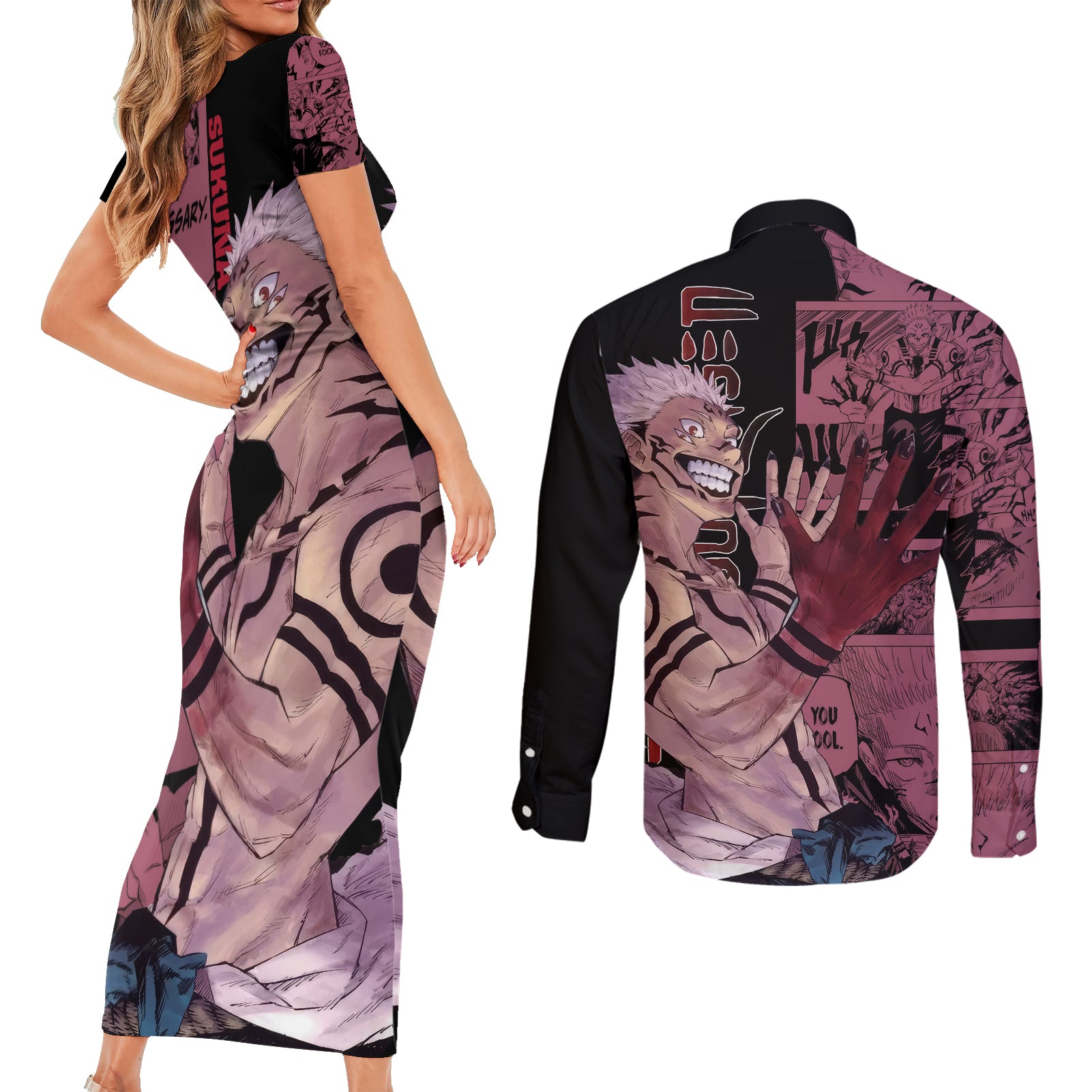 Ryoumen Sukuna Jujutsu Kaisen Manga Style Couples Matching Short Sleeve Bodycon Dress and Long Sleeve Button Shirt