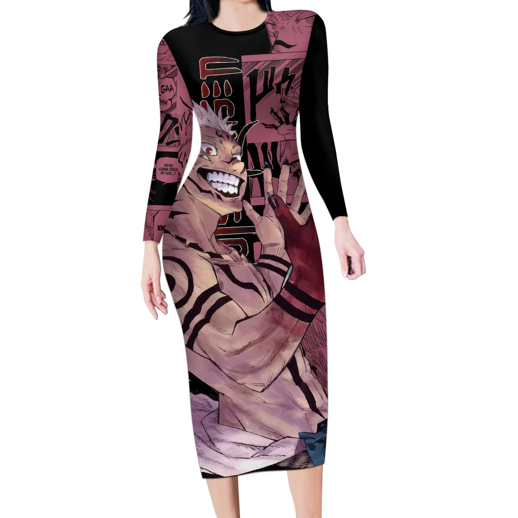 Ryoumen Sukuna Jujutsu Kaisen Manga Style Long Sleeve Bodycon Dress