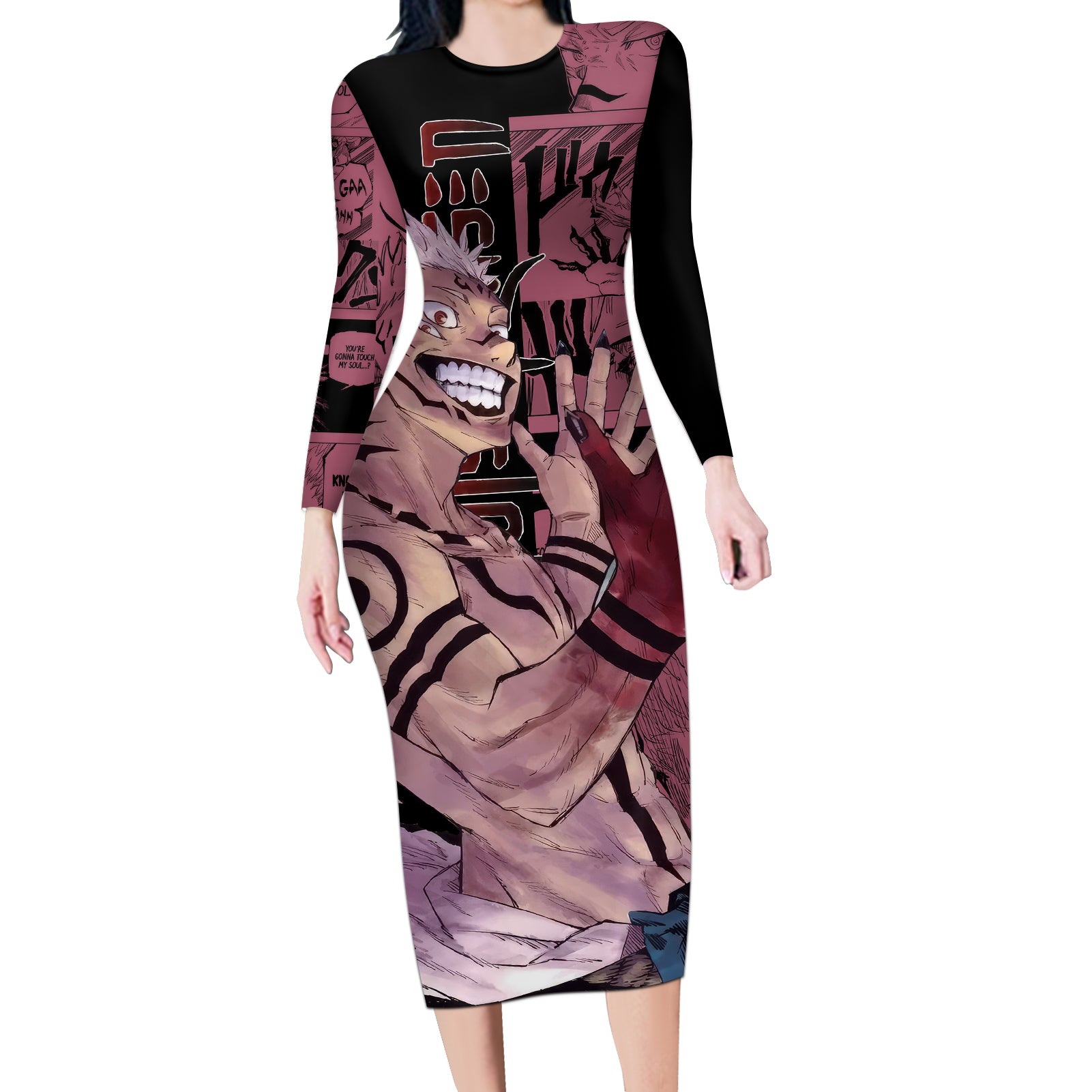 Ryoumen Sukuna Jujutsu Kaisen Manga Style Long Sleeve Bodycon Dress