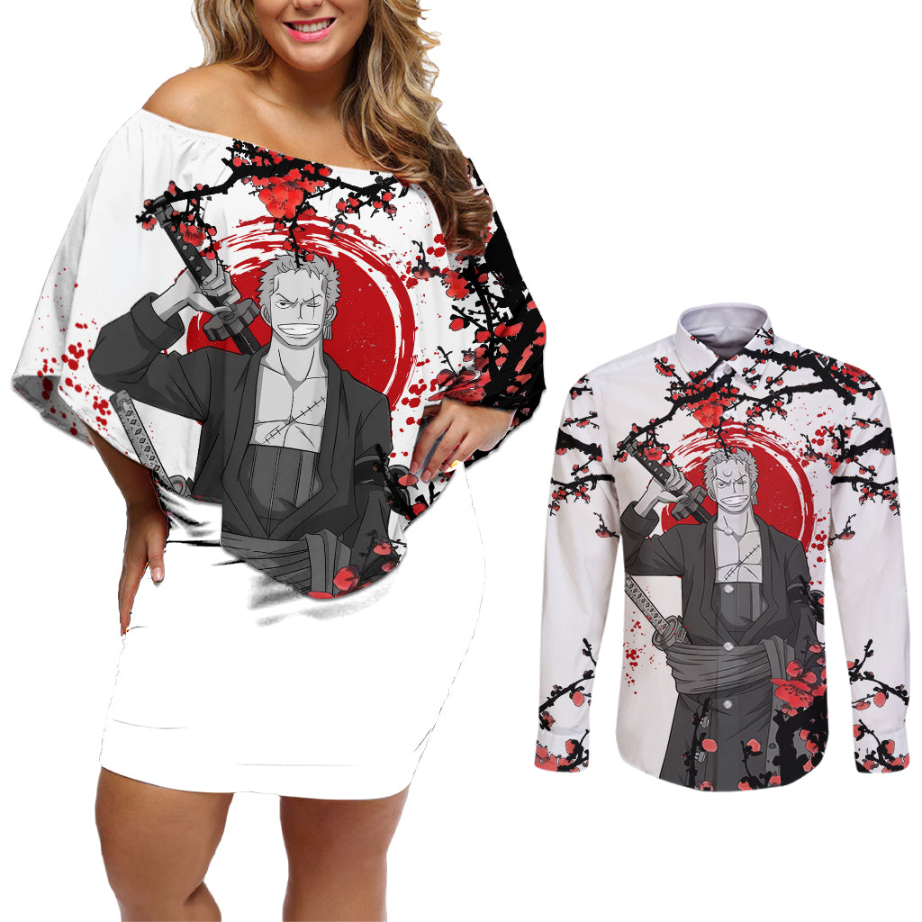 Roronoa Zoro Anime One Piece Japan Style Couples Matching Off Shoulder Short Dress and Long Sleeve Button Shirt