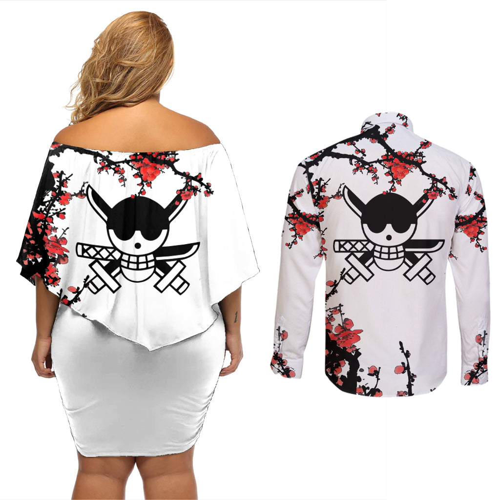 Roronoa Zoro Anime One Piece Japan Style Couples Matching Off Shoulder Short Dress and Long Sleeve Button Shirt