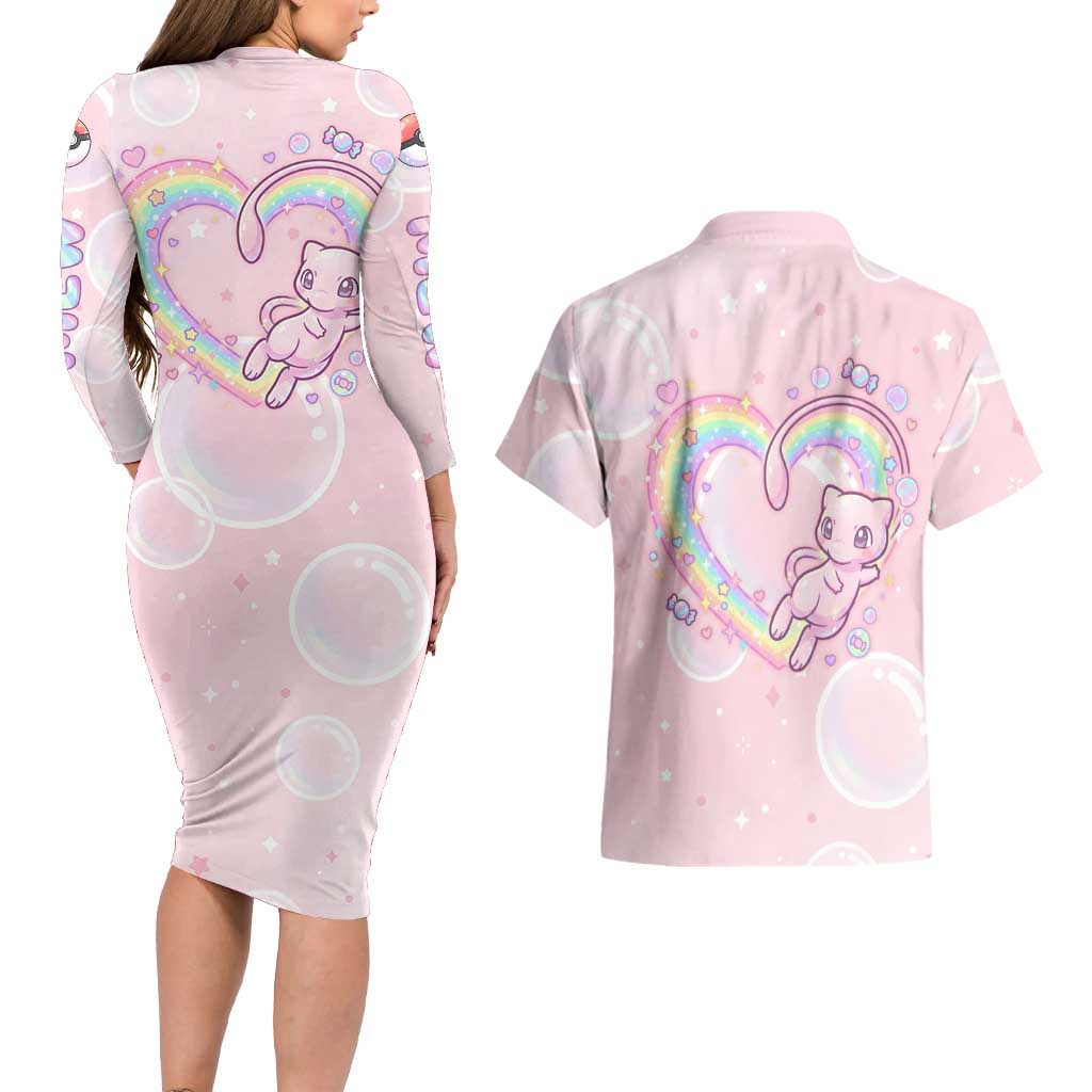 Mew Couples Matching Long Sleeve Bodycon Dress and Hawaiian Shirt Pastel Kawaii Bubble Art