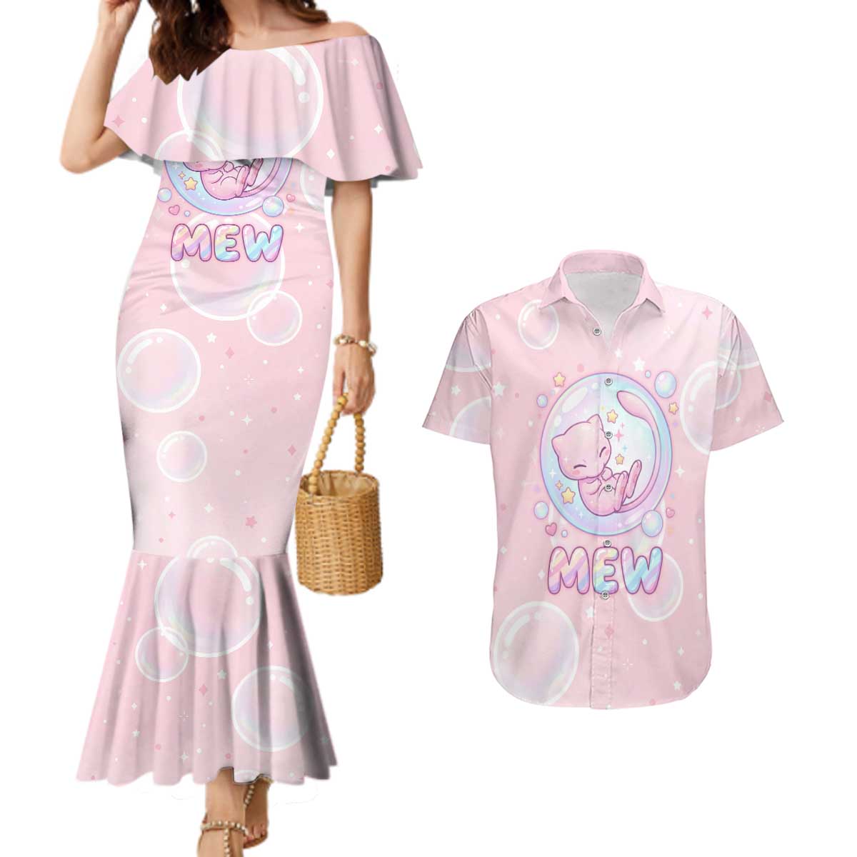 Mew Couples Matching Mermaid Dress and Hawaiian Shirt Pastel Kawaii Bubble Art