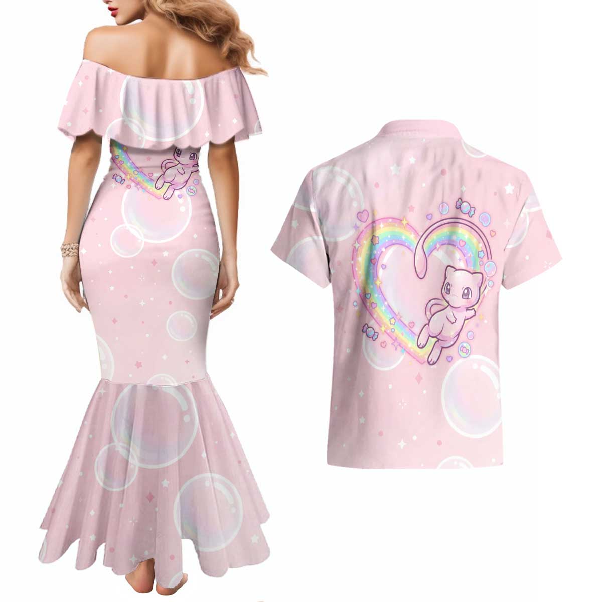 Mew Couples Matching Mermaid Dress and Hawaiian Shirt Pastel Kawaii Bubble Art