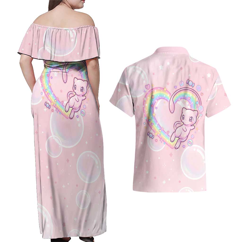 Mew Couples Matching Off Shoulder Maxi Dress and Hawaiian Shirt Pastel Kawaii Bubble Art