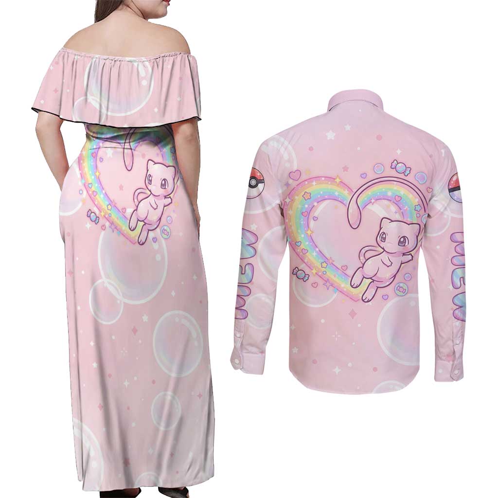 Mew Couples Matching Off Shoulder Maxi Dress and Long Sleeve Button Shirt Pastel Kawaii Bubble Art