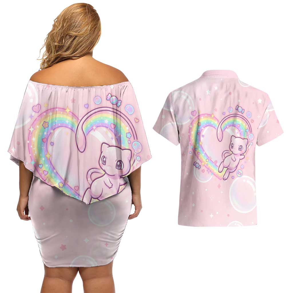 Mew Couples Matching Off Shoulder Short Dress and Hawaiian Shirt Pastel Kawaii Bubble Art