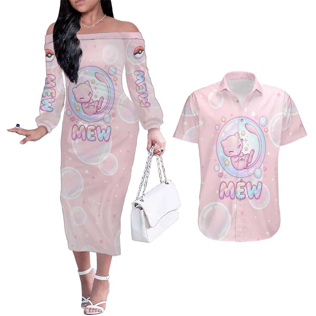 Mew Couples Matching Off The Shoulder Long Sleeve Dress and Hawaiian Shirt Pastel Kawaii Bubble Art