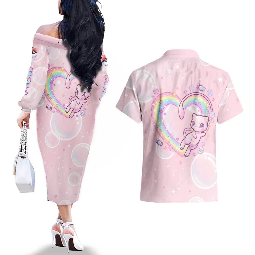 Mew Couples Matching Off The Shoulder Long Sleeve Dress and Hawaiian Shirt Pastel Kawaii Bubble Art