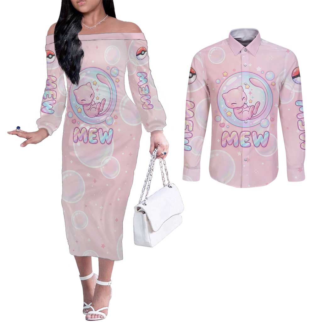 Mew Couples Matching Off The Shoulder Long Sleeve Dress and Long Sleeve Button Shirt Pastel Kawaii Bubble Art