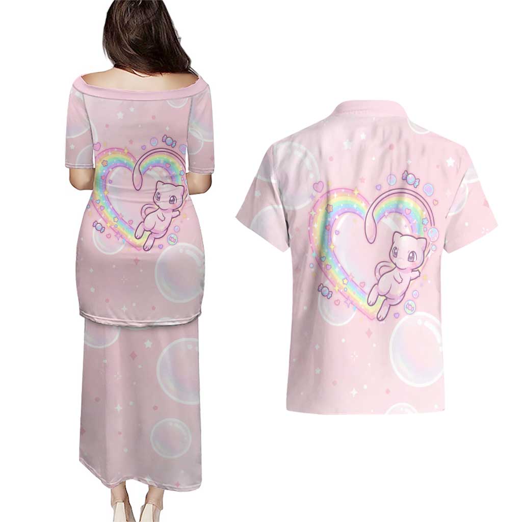 Mew Couples Matching Puletasi and Hawaiian Shirt Pastel Kawaii Bubble Art
