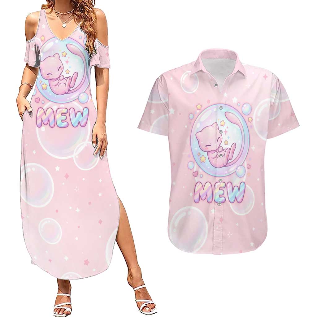Mew Couples Matching Summer Maxi Dress and Hawaiian Shirt Pastel Kawaii Bubble Art
