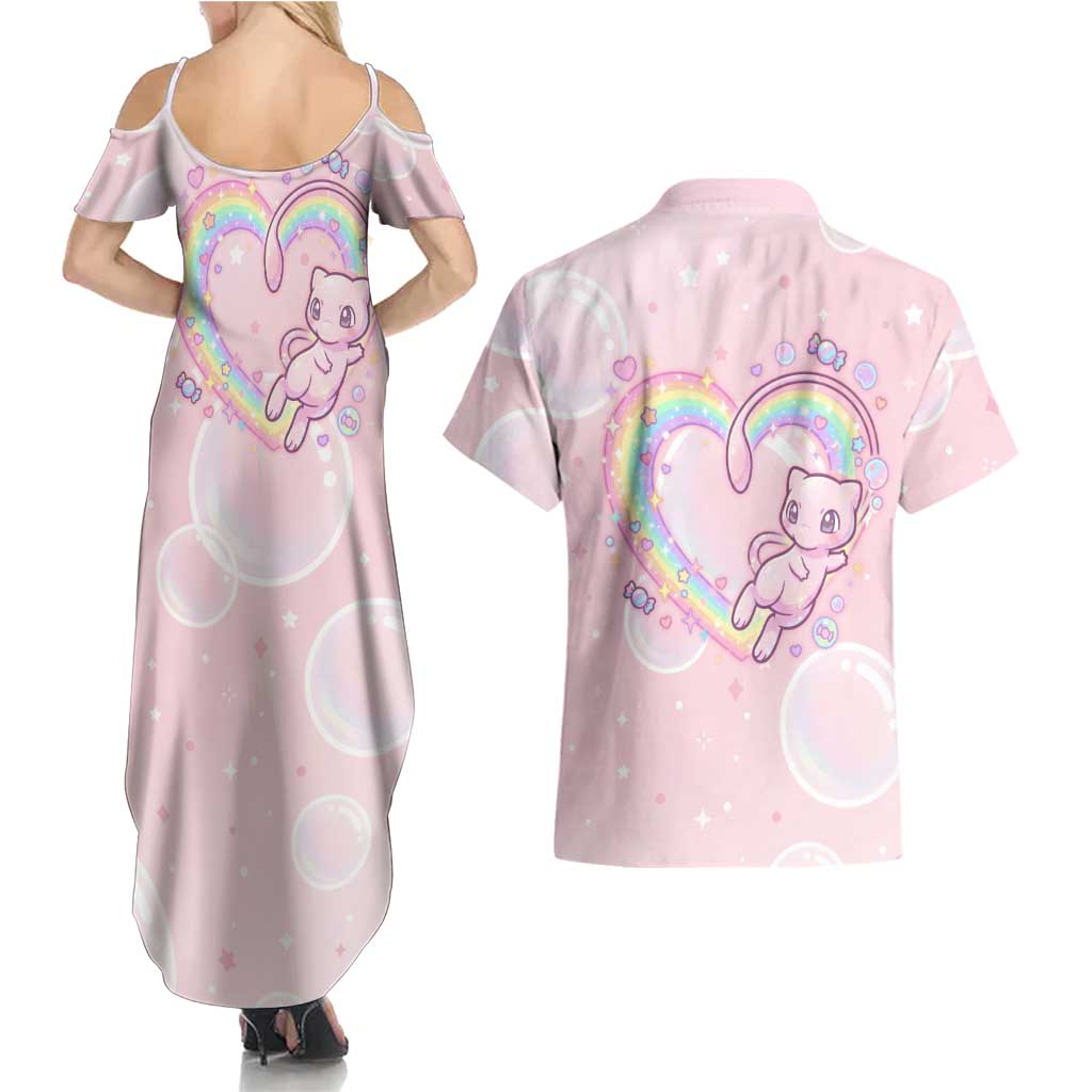 Mew Couples Matching Summer Maxi Dress and Hawaiian Shirt Pastel Kawaii Bubble Art