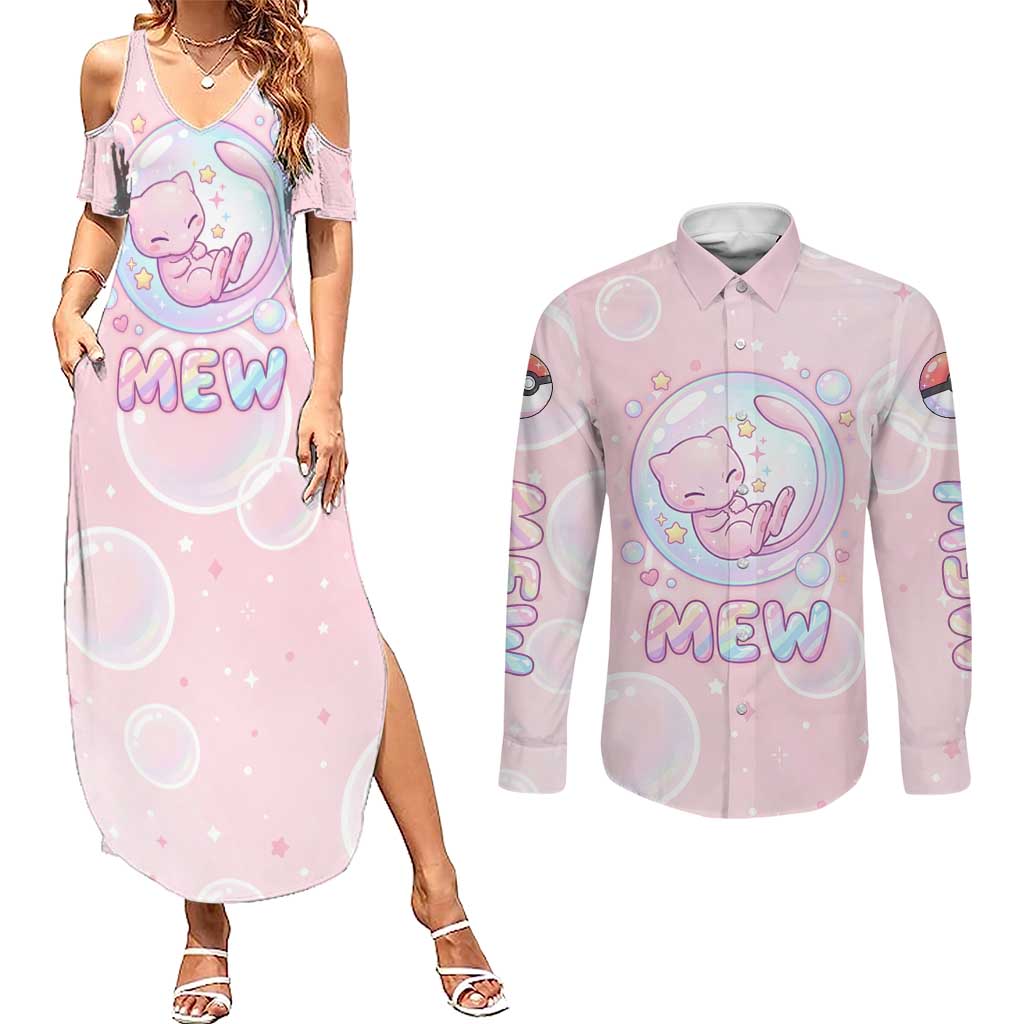Mew Couples Matching Summer Maxi Dress and Long Sleeve Button Shirt Pastel Kawaii Bubble Art