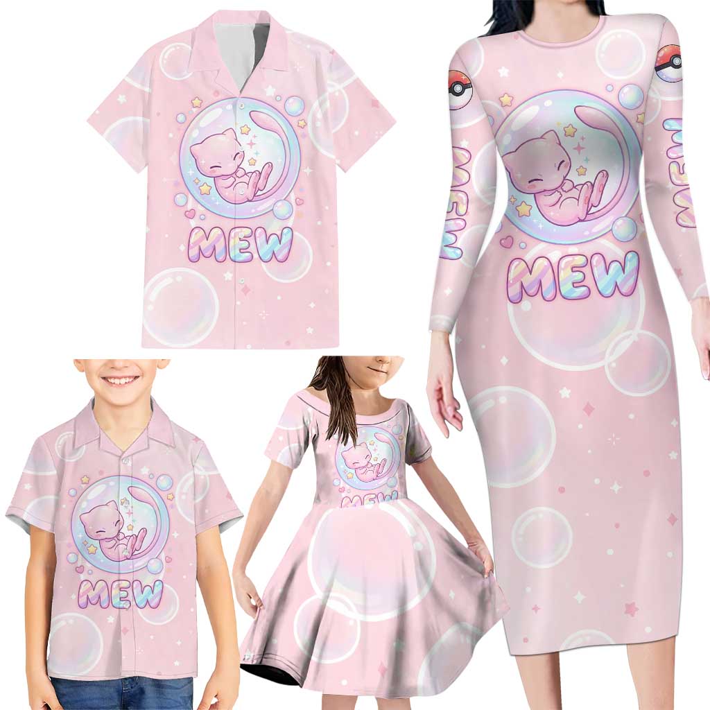 Mew Family Matching Long Sleeve Bodycon Dress and Hawaiian Shirt Pastel Kawaii Bubble Art