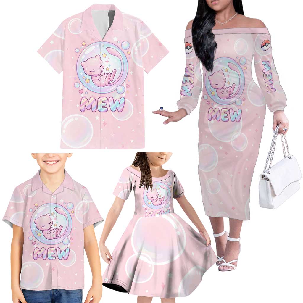 Mew Family Matching Off The Shoulder Long Sleeve Dress and Hawaiian Shirt Pastel Kawaii Bubble Art