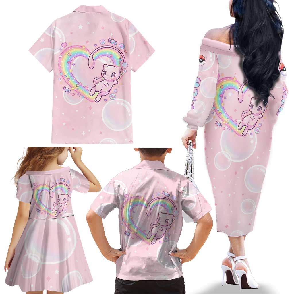 Mew Family Matching Off The Shoulder Long Sleeve Dress and Hawaiian Shirt Pastel Kawaii Bubble Art