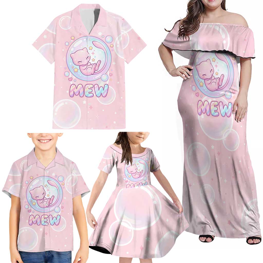 Mew Family Matching Off Shoulder Maxi Dress and Hawaiian Shirt Pastel Kawaii Bubble Art