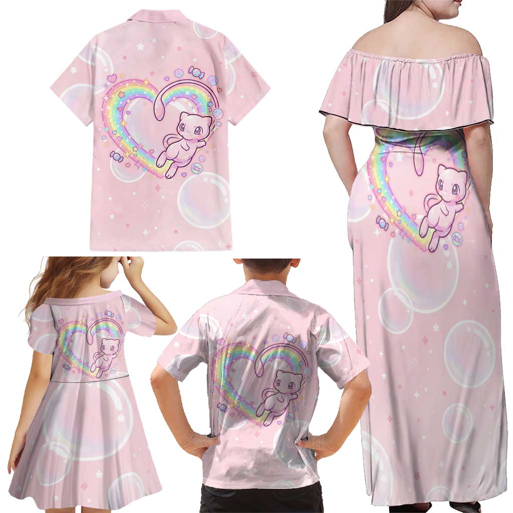 Mew Family Matching Off Shoulder Maxi Dress and Hawaiian Shirt Pastel Kawaii Bubble Art