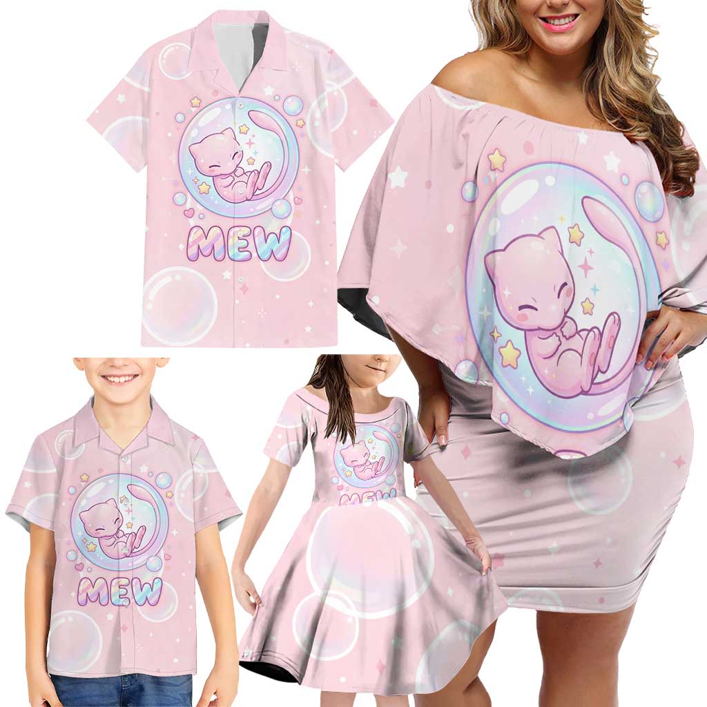 Mew Family Matching Off Shoulder Short Dress and Hawaiian Shirt Pastel Kawaii Bubble Art