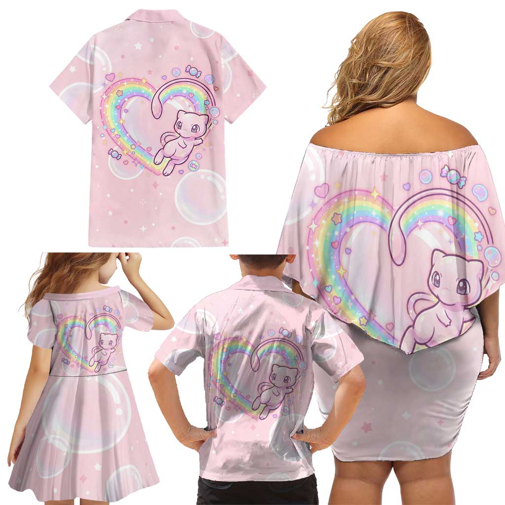 Mew Family Matching Off Shoulder Short Dress and Hawaiian Shirt Pastel Kawaii Bubble Art