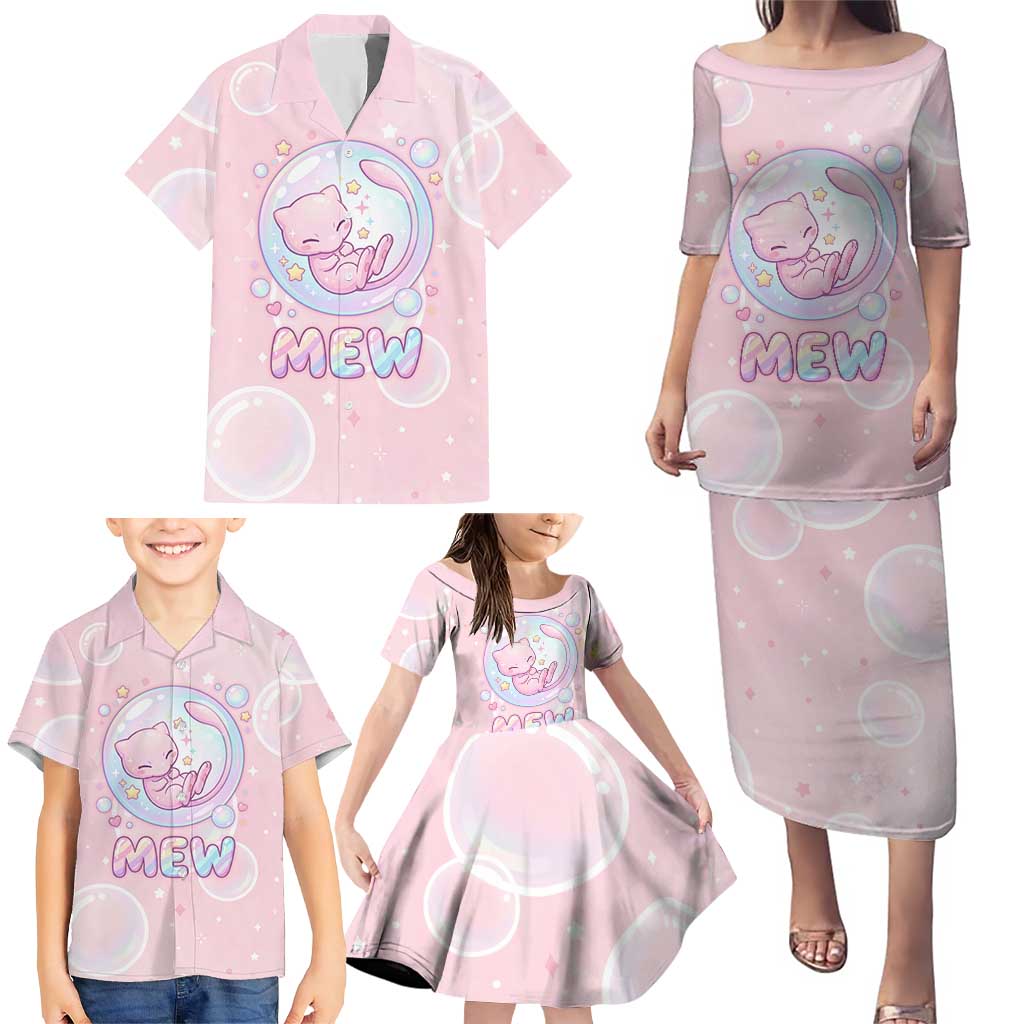 Mew Family Matching Puletasi and Hawaiian Shirt Pastel Kawaii Bubble Art