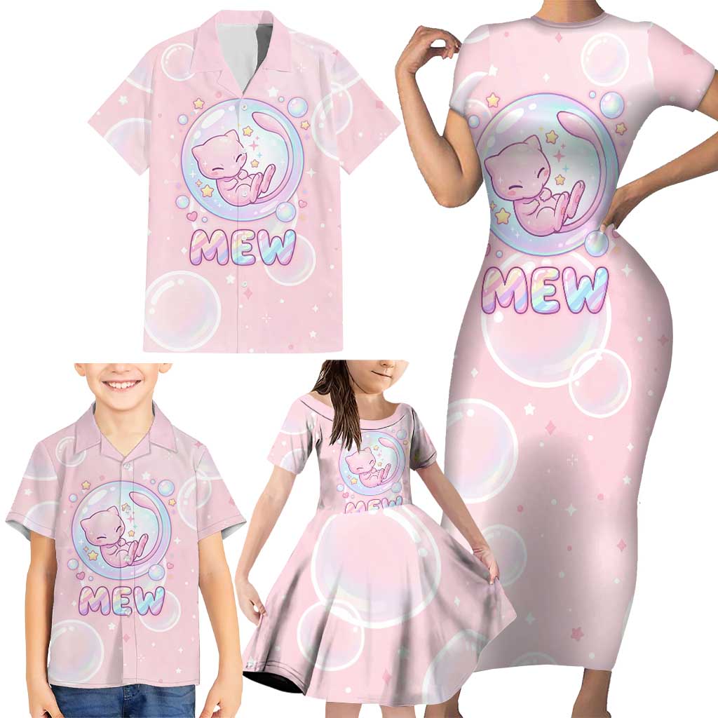 Mew Family Matching Short Sleeve Bodycon Dress and Hawaiian Shirt Pastel Kawaii Bubble Art