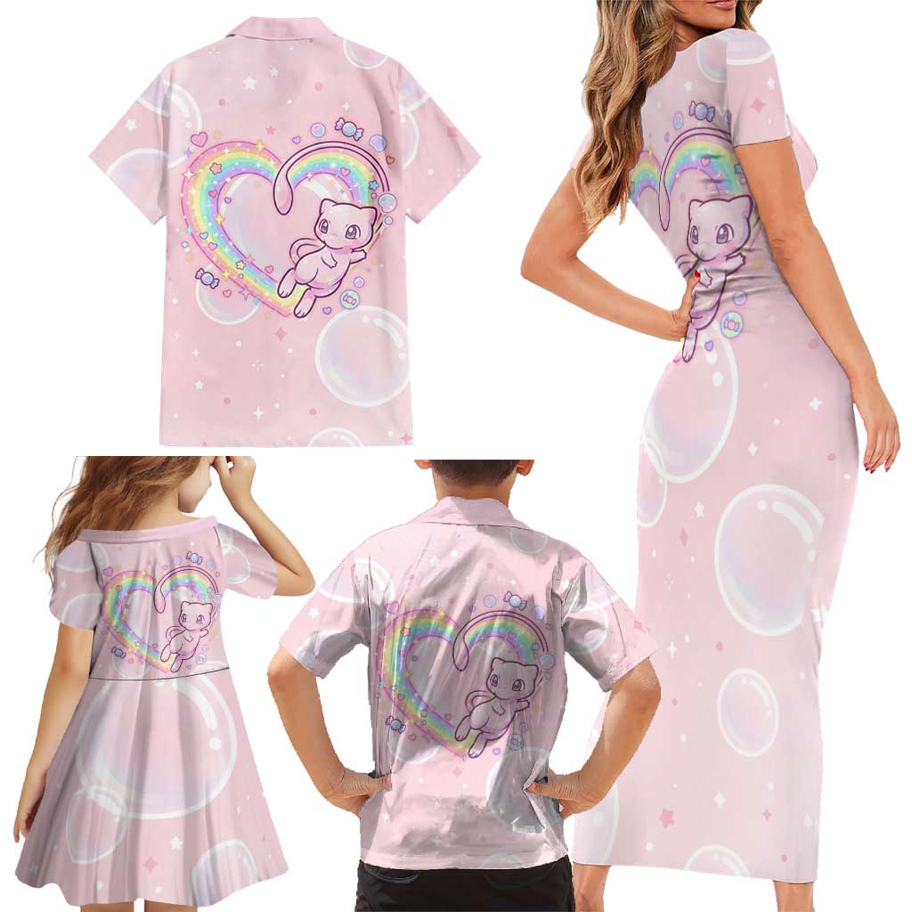 Mew Family Matching Short Sleeve Bodycon Dress and Hawaiian Shirt Pastel Kawaii Bubble Art