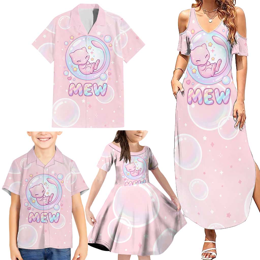 Mew Family Matching Summer Maxi Dress and Hawaiian Shirt Pastel Kawaii Bubble Art
