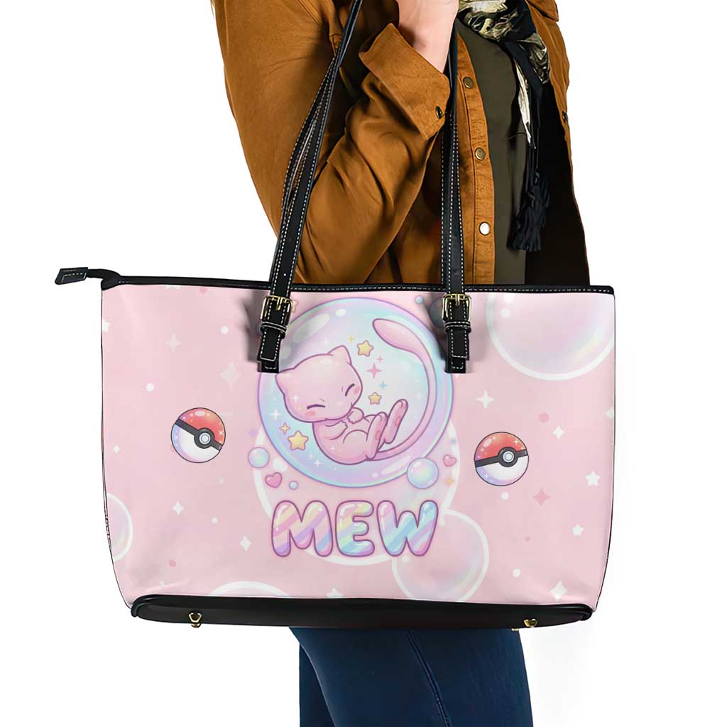 Mew Leather Tote Bag Pastel Kawaii Bubble Art